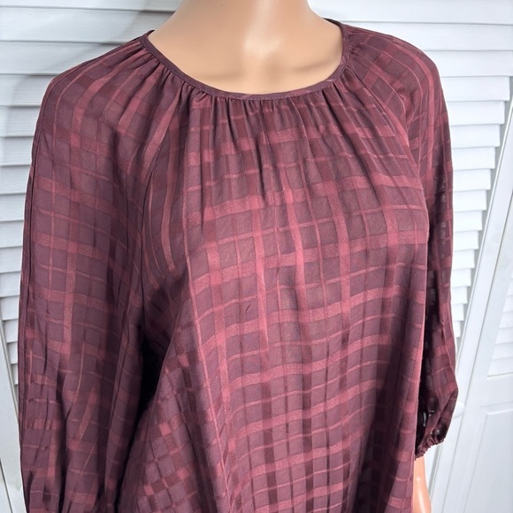 PEARL LELA ROSE Wine Plaid Crepe Full Sleeve Blouse Size XL - Picture 2 of 9